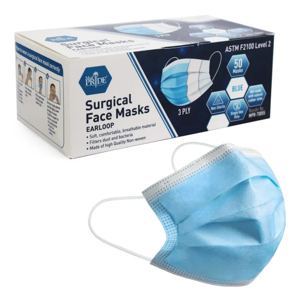 Med Pride Surgical Face Mask - Ear Loop - Level 2 - Blue - 50 per Box          